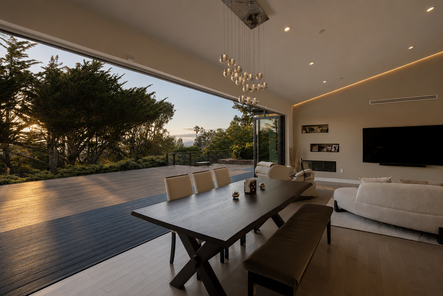 Dining room opening to the sunset deck at Mills Estate, Burlingame Hills